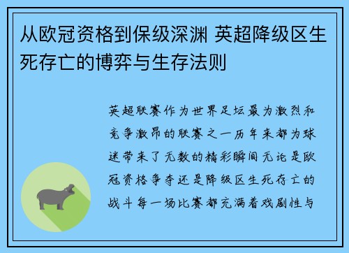 从欧冠资格到保级深渊 英超降级区生死存亡的博弈与生存法则