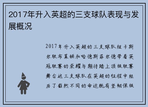 2017年升入英超的三支球队表现与发展概况