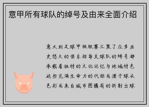 意甲所有球队的绰号及由来全面介绍