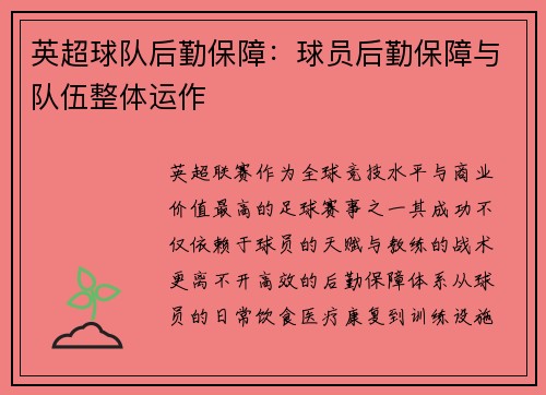 英超球队后勤保障：球员后勤保障与队伍整体运作